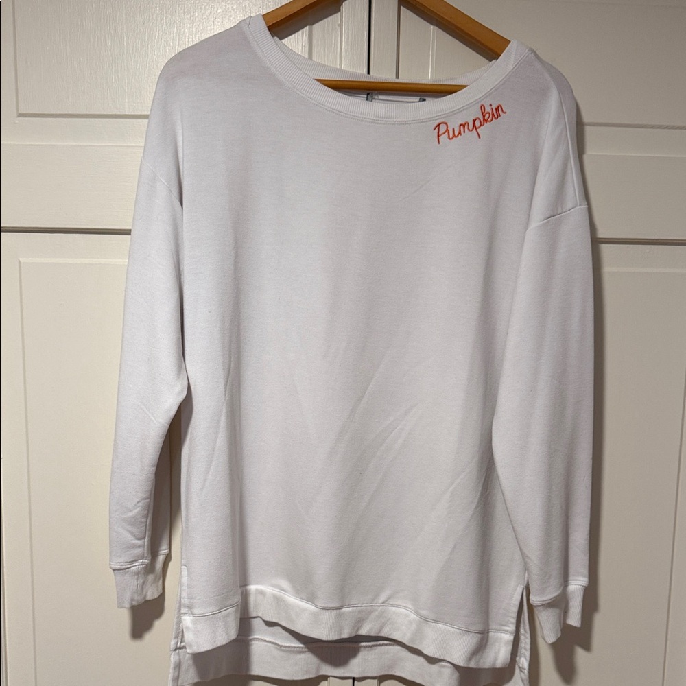 White Long Sleeve Embroidered “Pumpkin” Sweater